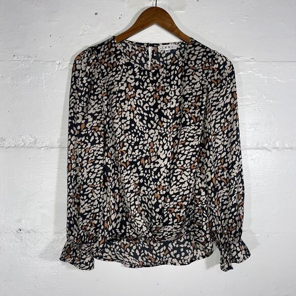 THML Black Tan White Abstract Print Blouse Long Sleeve Bubble Hem Women’s XS - Picture 2 of 13
